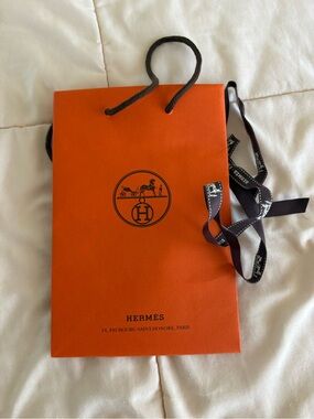 Small Hermes Shopping Bag with Black Rope Handles and ribbon